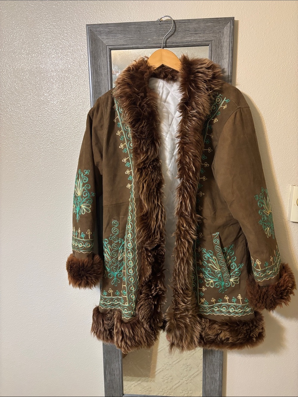 Penny lane Bohemian Embroidered Faux-Fur Trim Brown Coat